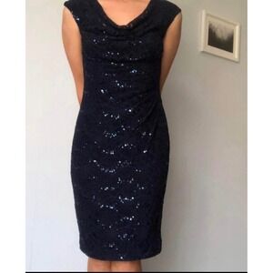 New Lauren Ralph Lauren Evening Sequin Formal Midi Dress, Size 6, Navy Blue